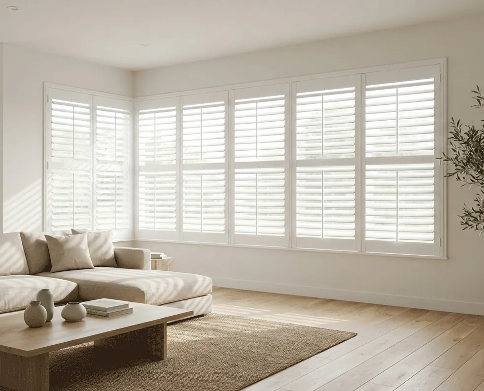 Corner windows in a sitting room with shutters added (AI preview)