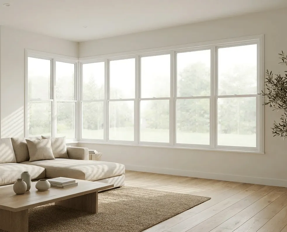 Corner windows in a sitting room with no shutters yet