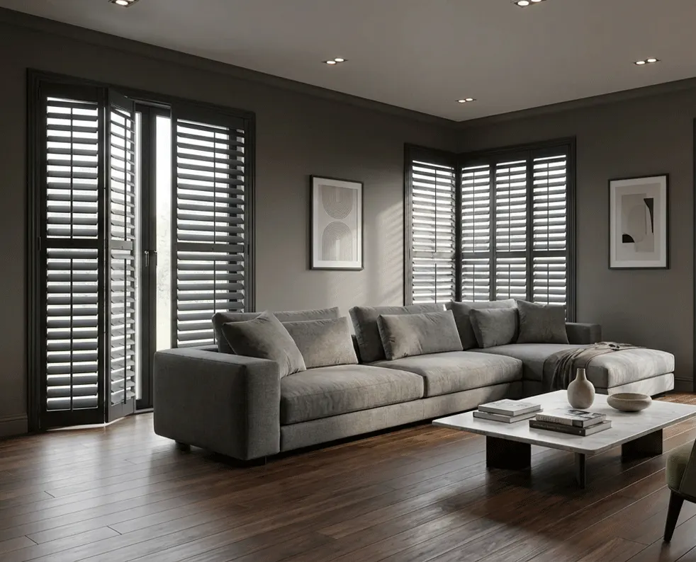 Dark-framed sitting room windows with shutters added (AI preview)