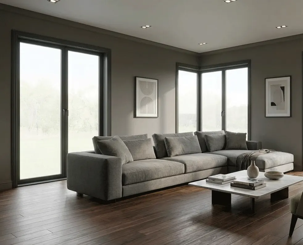 Dark-framed sitting room windows with no shutters yet