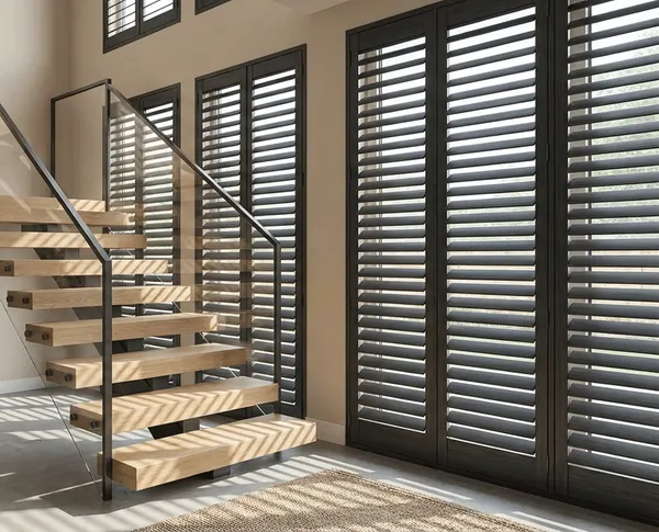Tall staircase windows with full-height shutters letting light onto the stairs