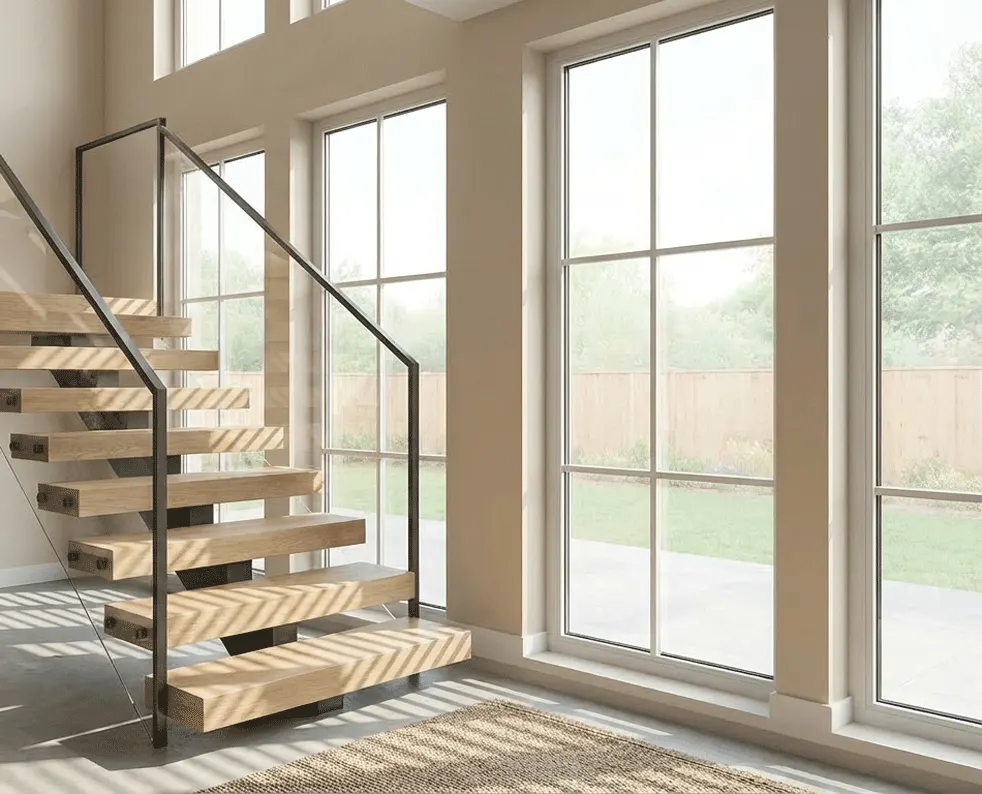 Tall windows up a staircase with no shutters yet