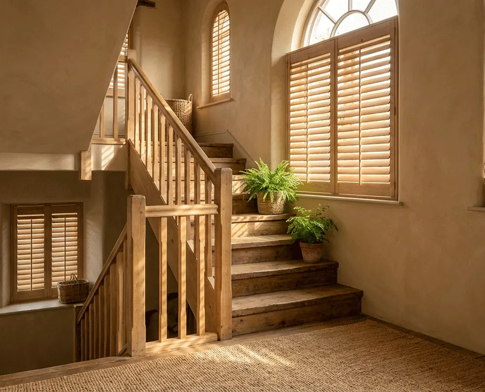 Arched windows in a stairwell with shutters added (AI preview)