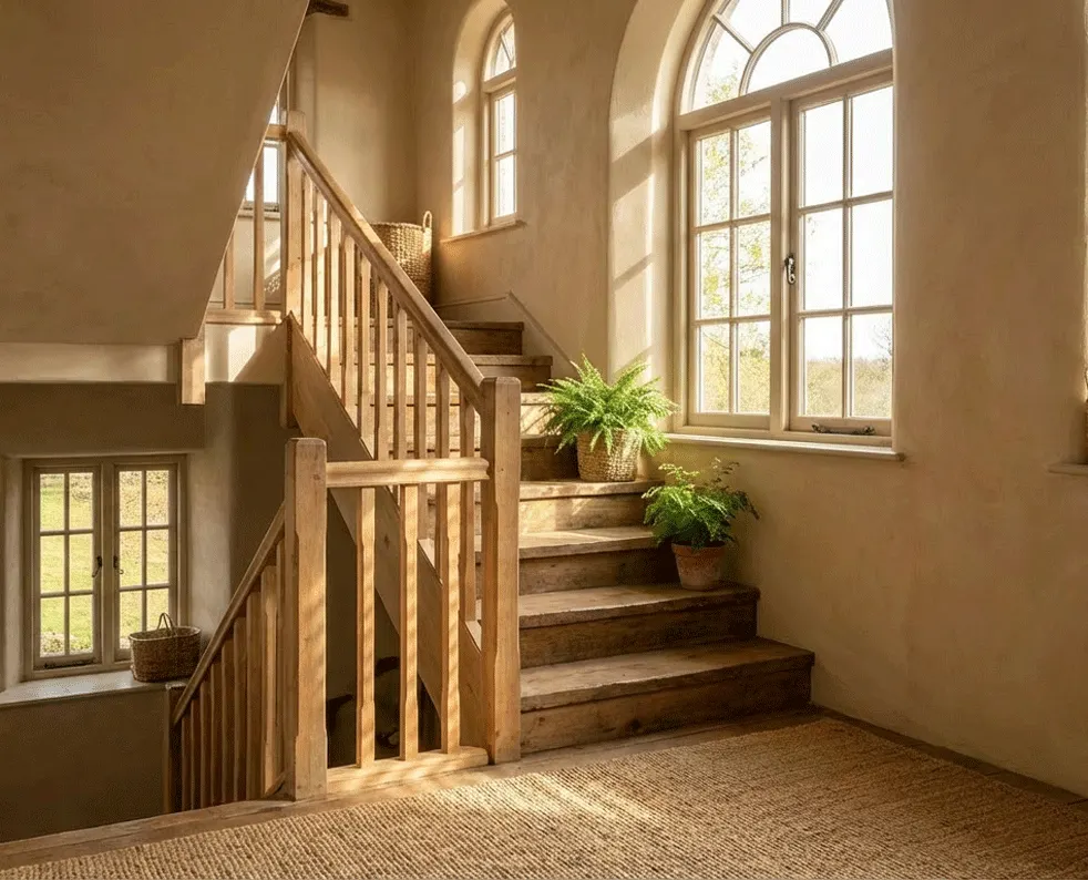 Arched windows in a stairwell with no shutters yet