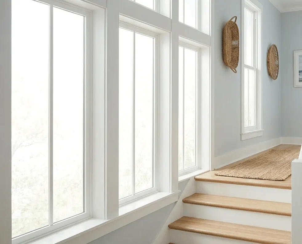 Landing above white stairs with no shutters yet