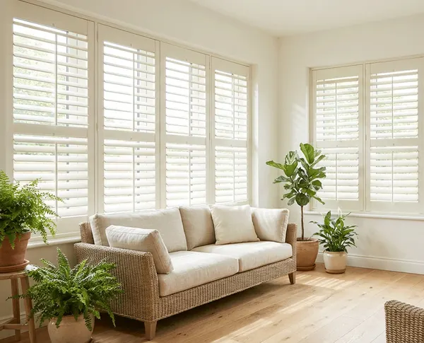 Living room windows dressed in white plantation shutters with the louvres tilted open