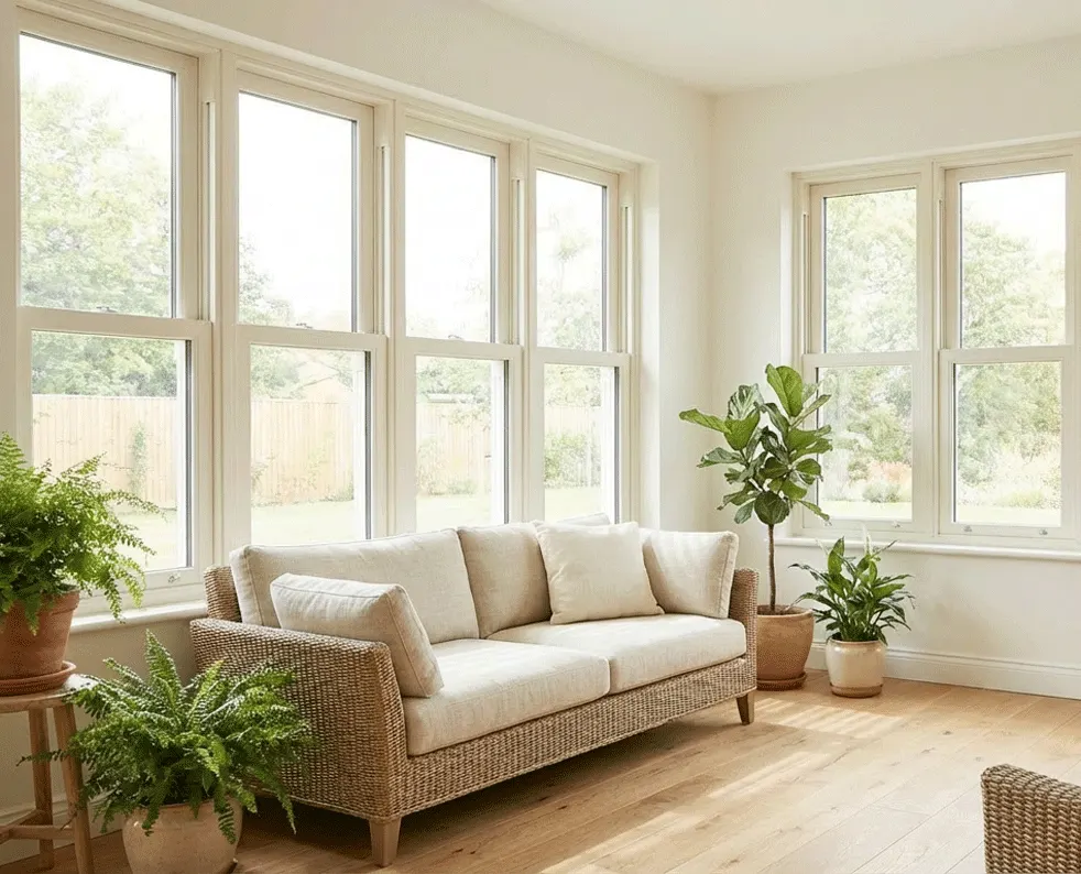 Lounge windows with no shutters yet