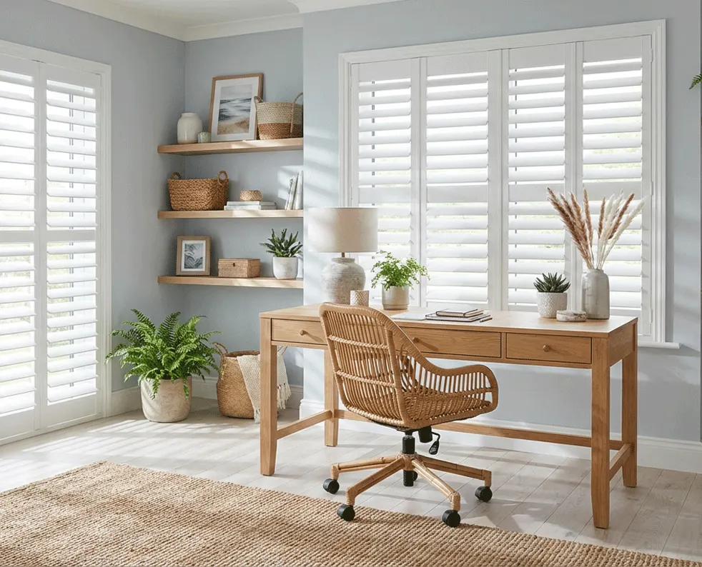 Windows in a home office with shutters added (AI preview)