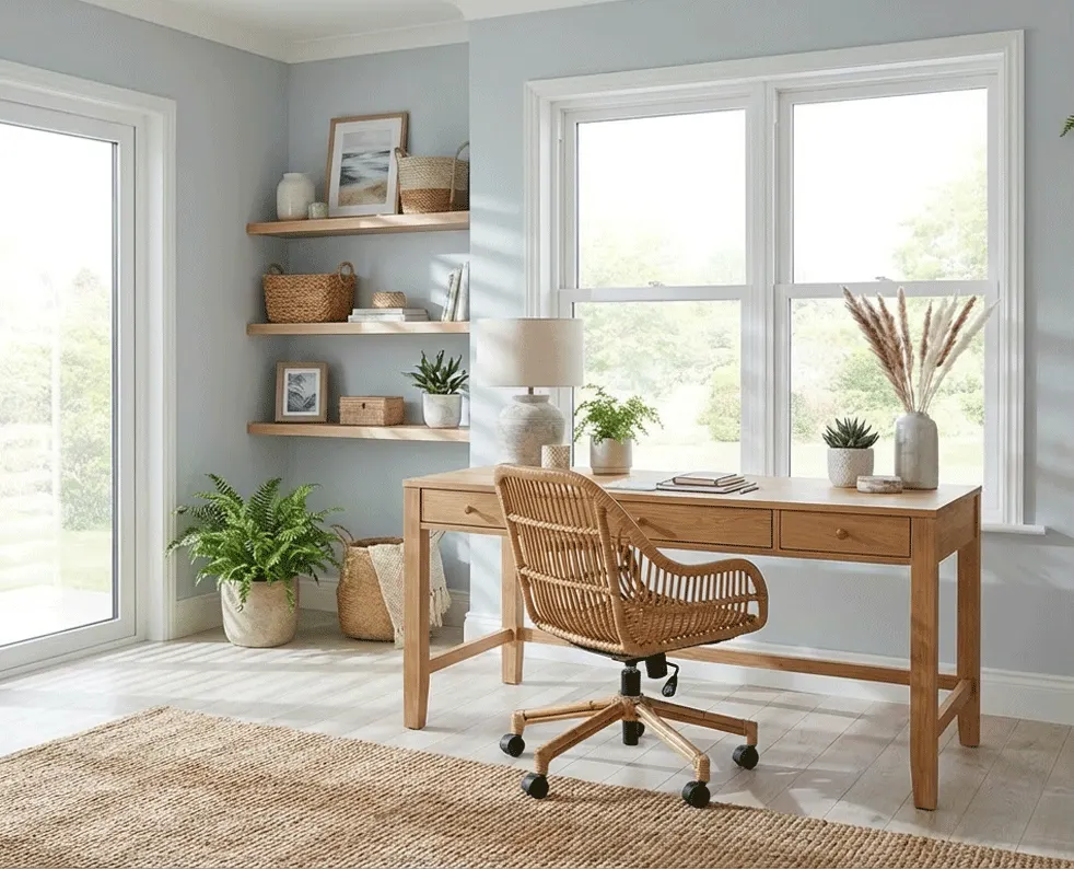 Windows in a home office with no shutters yet