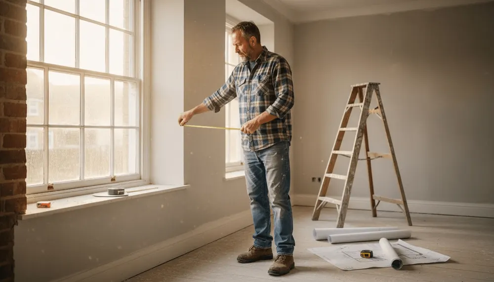 A man running a tape measure across a sash window before shutters are ordered