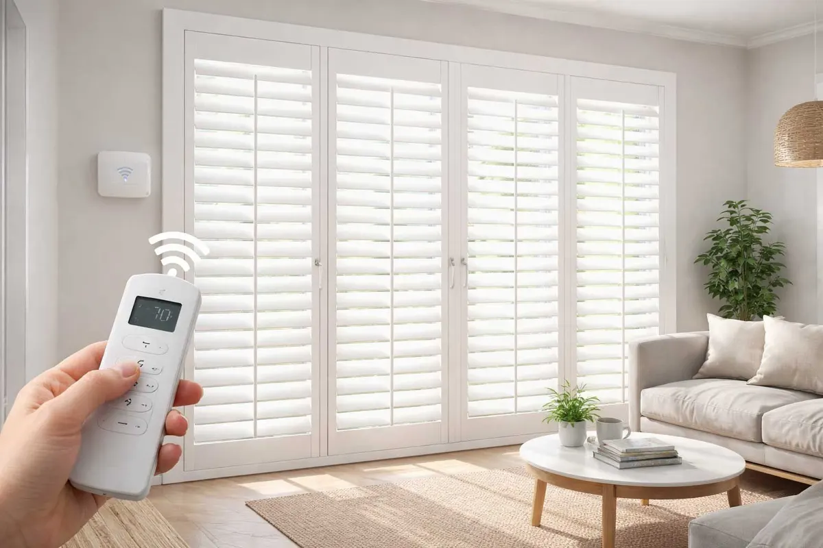 Remote control held up to full-height white shutters in a living room