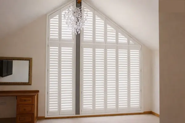 Finished angled white shutters in a tall gable window