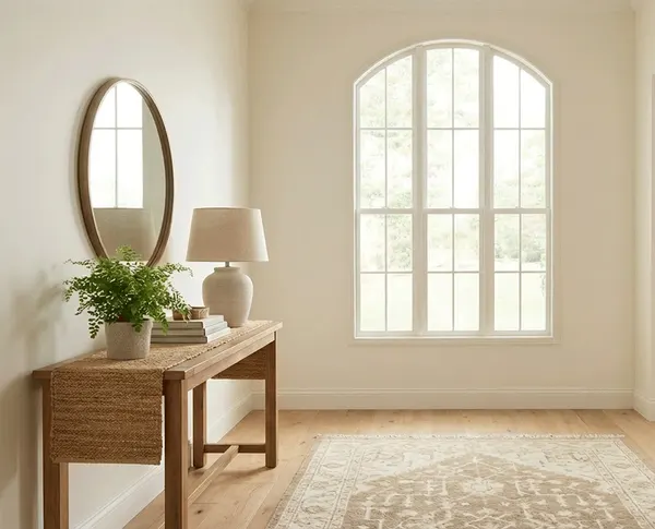 Hallway with a tall arched window and nothing over the glass