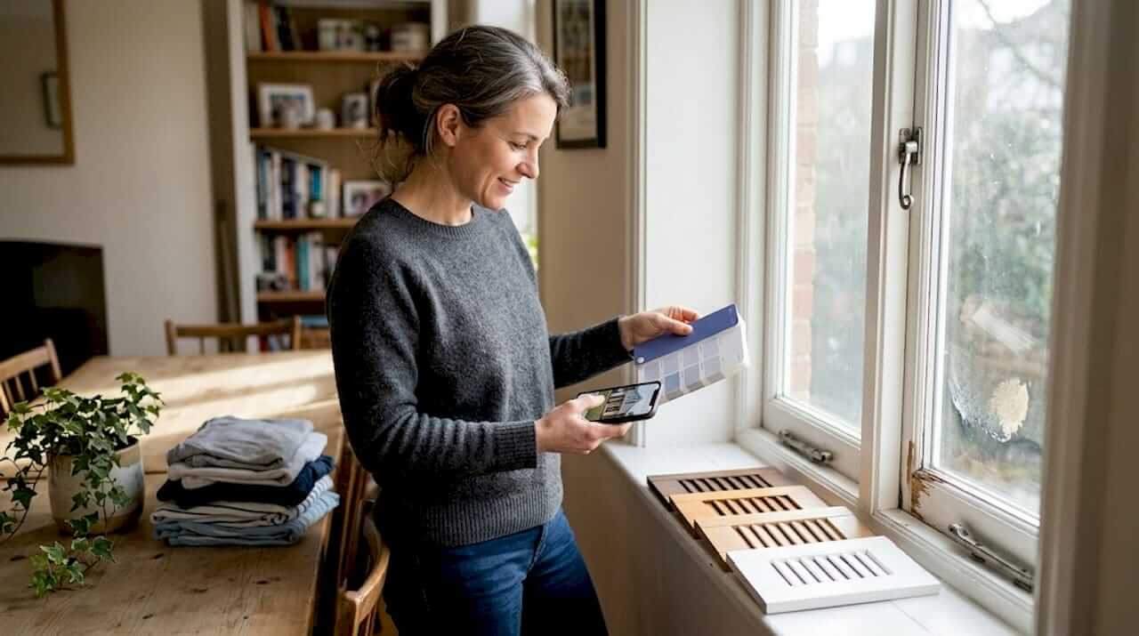 choosing shutter finishes Homeowner comparing shutter finish samples