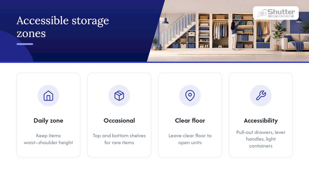Accessible storage zones and practical adjustments
