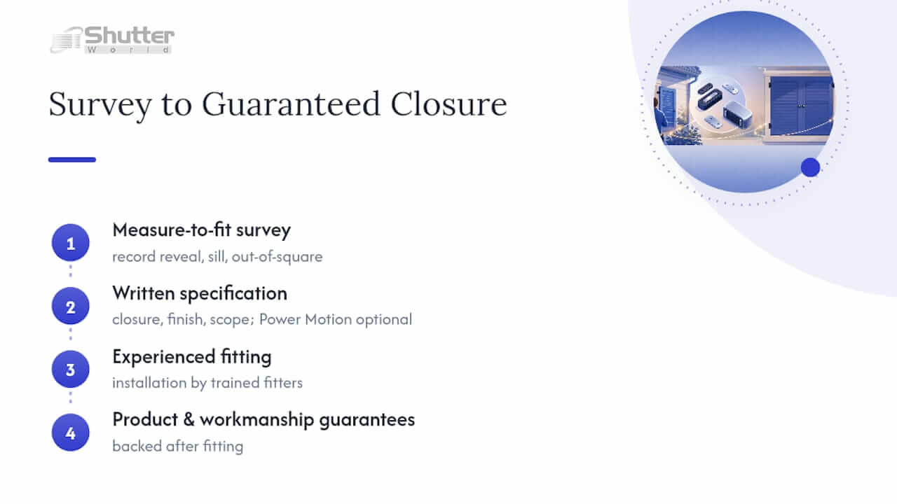 shutter magnets and closures Shutter survey specification fitting and guarantee process