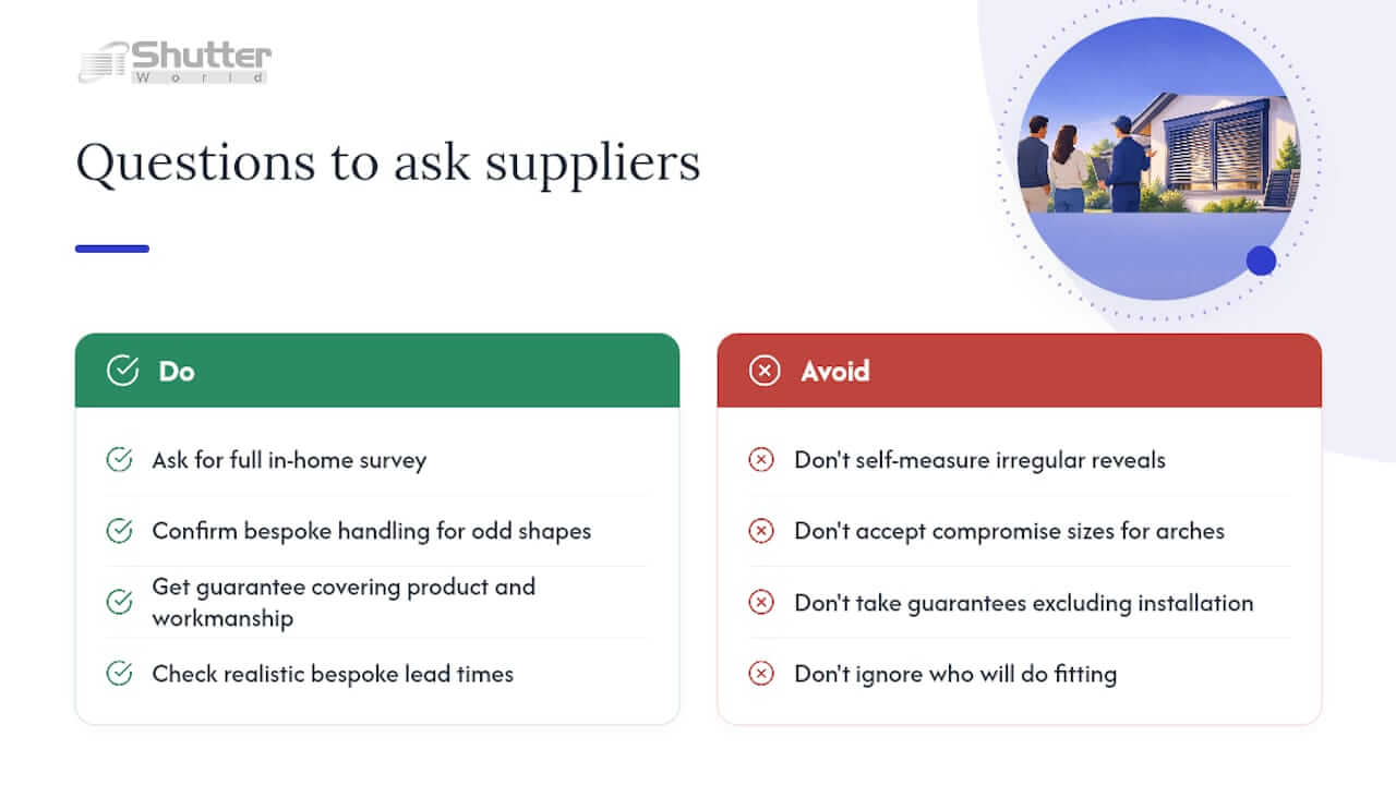 What should you ask a supplier before ordering bespoke shutters? — overview diagram